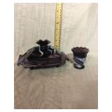 Purple slag covered dish and toothpick holder