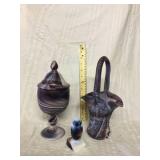 Purple slag basket covered dish and owl