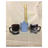 Purple slag mugs and blue cat head covered dish