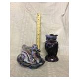 Purple slag duck covered dish and owl covered