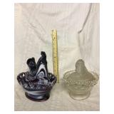 Purple slag covered dish rooster and a lion color