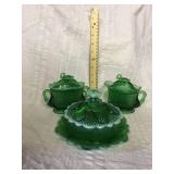 Green glass cover dishes and butter dish