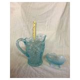 Blue glass pitcher and bowl