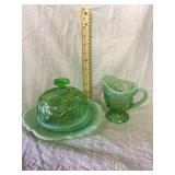 Green cover dish and creamer pitcher
