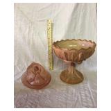 Caramel glass bowl and pink duck covered dish