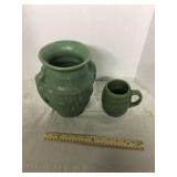 Green stoneware vase and mug