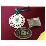 (2) John Deere ornaments and a John Deere pin