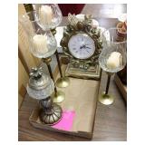 Clock, 3 candle sticks and decorative piece