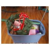 Large tote with lid filled with assorted wrapping