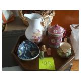 Octagonal wooden tray with ceramic pieces