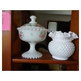 3 Piece Milk Glass Hob Nail Hand Painted glass