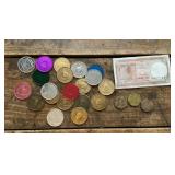 AA recovery coins and a Bangladesh 5 Taka Haiti