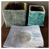 Studio Pottery Planters & Dish Lot Turquoise