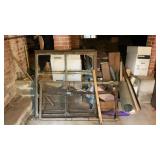 Window frames, metal sheets, wood, 2 boxes of