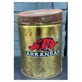 Vintage Arkansas Razorbacks metal canister, empty