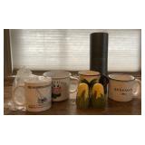 4 Coffee cups, tumbler and corn salt and pepper