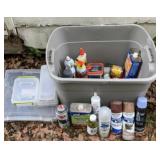 Tote full of plastic boxes, spray paint. Caulk,