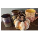4 Pc Studio Pottery Mug Lot Pumpkin Vase Rustic