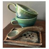 4 Pc Studio Pottery Coffee Cup Set with Spoon &