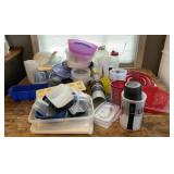 2 Totes full of plastic kitchen items, bowls,