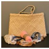 Woven rattan tote bag, shawls, belt,