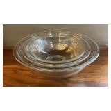 3 Glass PYREX mixing bowls. Larger one is 12in