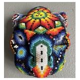 Signed Huichol Beaded Jaguar Mask Wall Sculpture