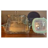 5 Pyrex glass dishes, Big glass mixing bowl. 9in