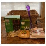 Wicker basket full of Christmas thing. Bags, new