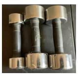 3 Reebok dumbbells, 10 pounds and 5 pounds