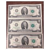 Lot of 3 2013 D note $2 bills, 2 back to back