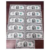 Lot of 11 $2 bills 2003-2013