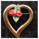 Gold Heart Brooch with Porcelain Rose Accent