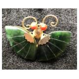 Vintage Jade Butterfly Brooch with Coral Accents