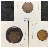 Lot of 3 Indian Head Cents: 1901, 1902, 1906