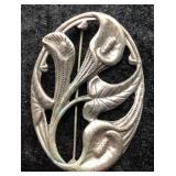 Art Nouveau Lily Brooch in Aged Silver-Tone