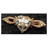 Victorian Style Heart Brooch w/ Turquoise & Pearl