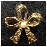 Gold Textured Bow Brooch with Faux Pearl Center