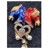 Enamel Horse Brooch with Crystal Heart & Pearls