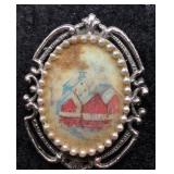 Rustic Barn Scene Brooch w/ Faux Pearl Frame