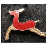 Vintage Red Enamel Reindeer Brooch Pin