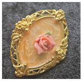 Gold Cameo Brooch with Pink Rose Center