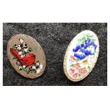 Oval Cardinal & Floral Enamel Brooch Pai