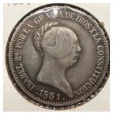 1851 Spain 20 Reales ï¿½ Queen Isabel II Silver Coin