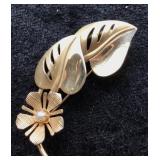 Gold-Tone Leaf & Flower Brooch with Pearl Center
