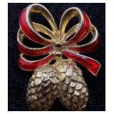 Red Enamel Bow & Pinecone Holiday Brooch