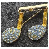 Gold Musical Note Brooch with Blue Rhinestones