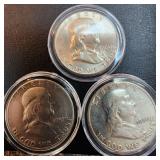 3 Franklin Silver Half Dollars 1950s-60