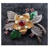Floral Brooch with Red Stone & Pearl Accents