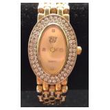 Gold EJ Quartz Watch with Rhinestone Bezel